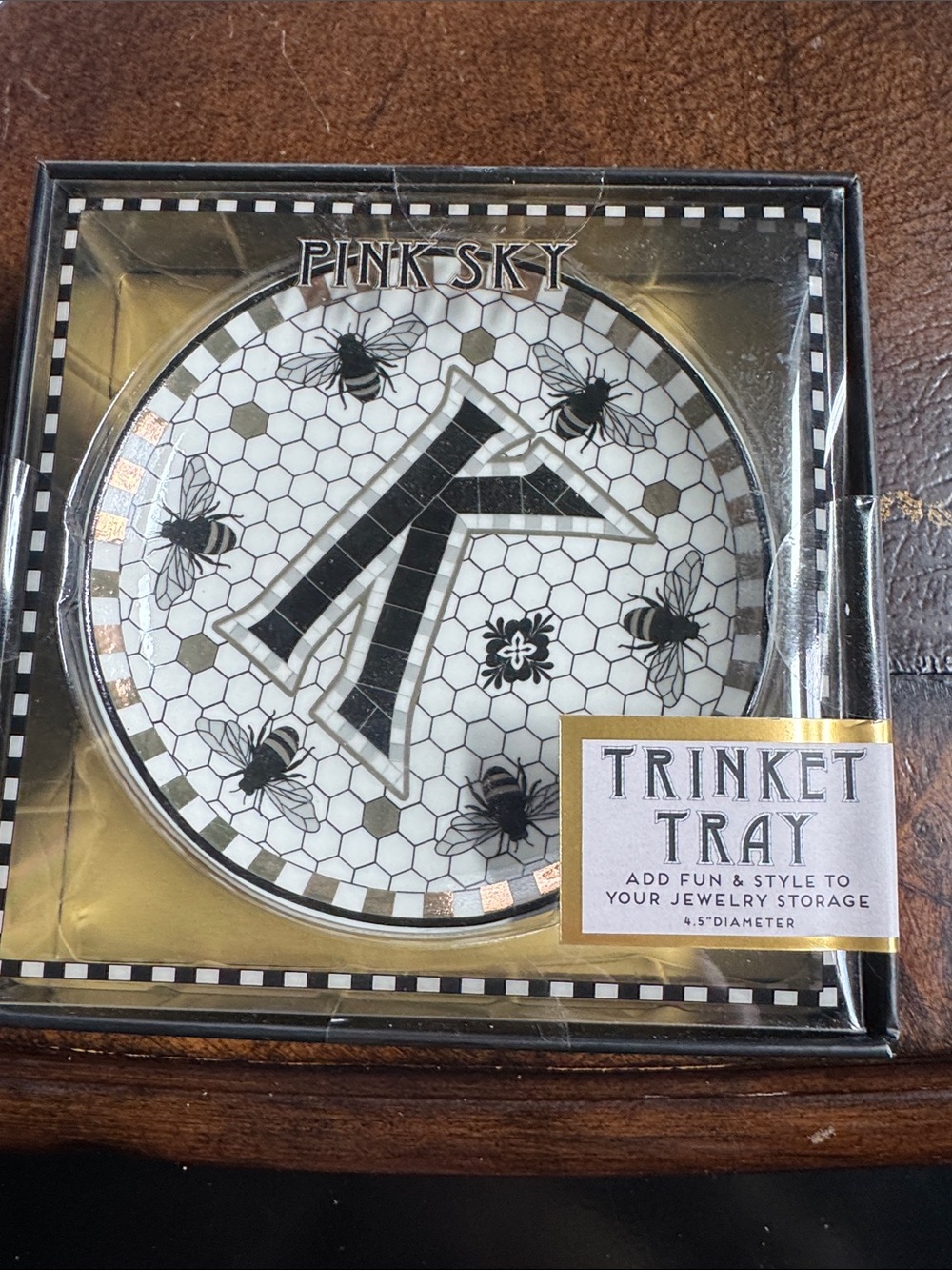 Pink Sky Black & White Bee Initial Trinket Tray